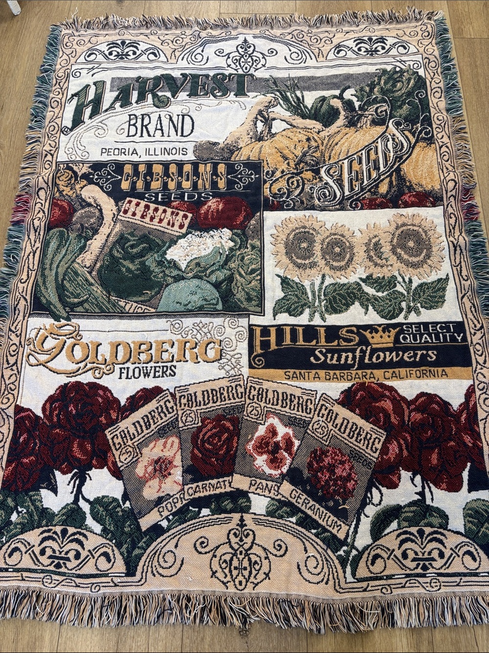 Goldbergh Multicolor Vintage Botanical Seed Packet tapestry throw blanket